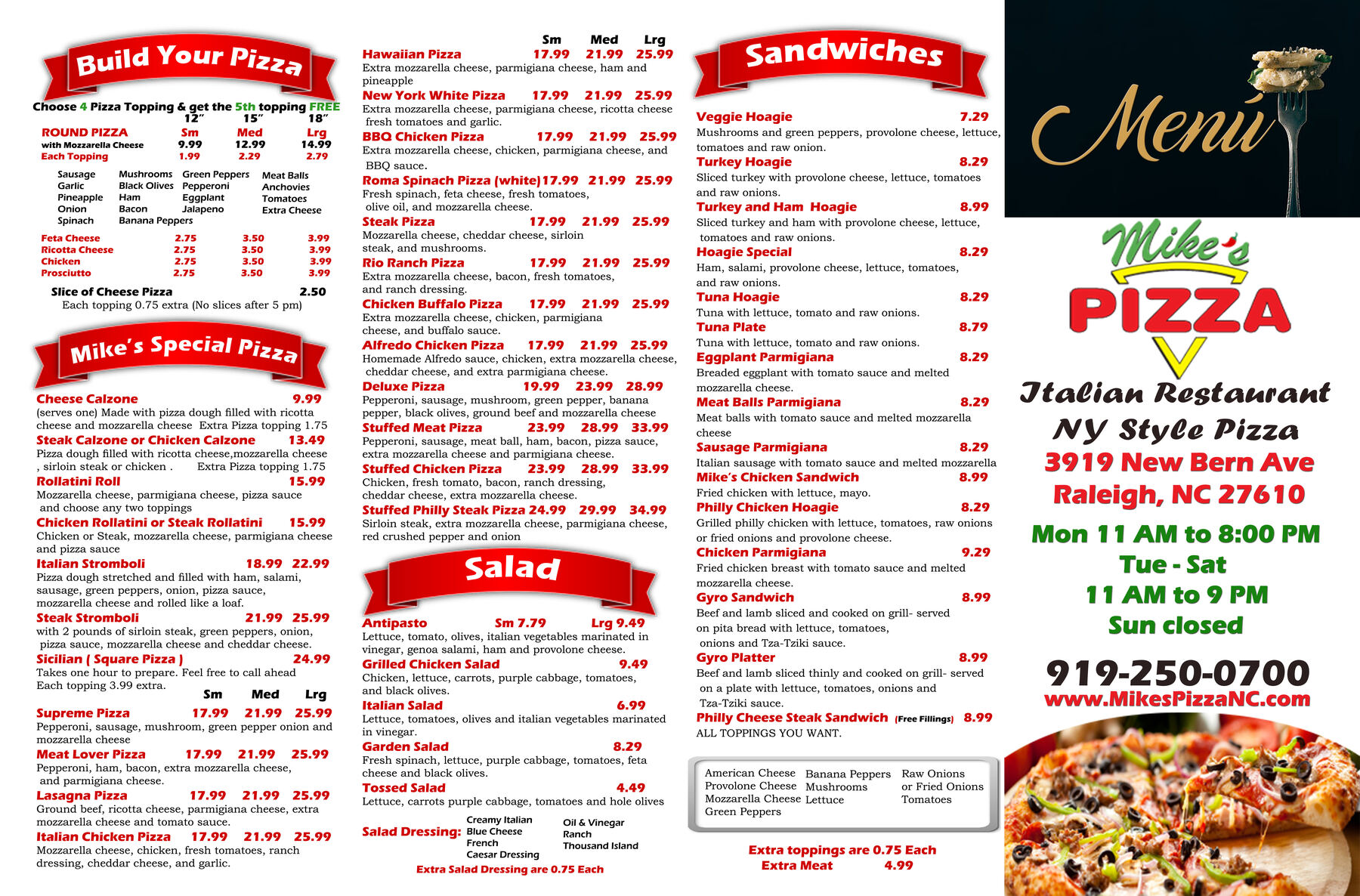 Front of Mike's NY Style Pizza printable menu